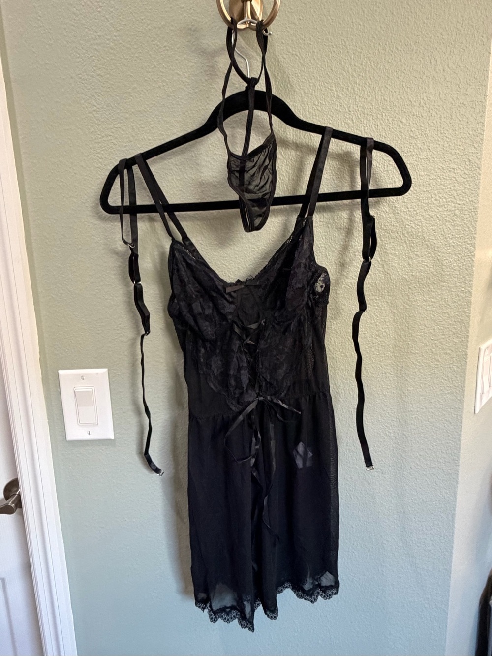 NIB Sheer Lace Black Chemise with Garter Straps and G-string